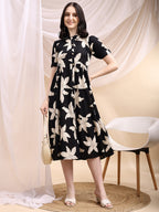 Black Midi Shirt Dress With Oversized Beige Floral Print, Black - Hiral Fashion | Grocsy