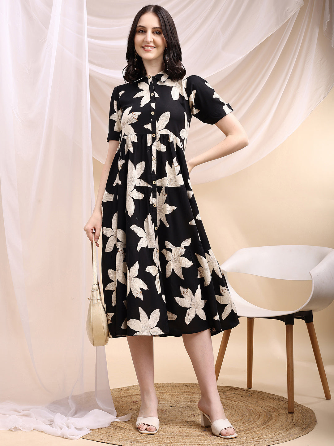 Black Midi Shirt Dress With Oversized Beige Floral Print, Black - Hiral Fashion | Grocsy