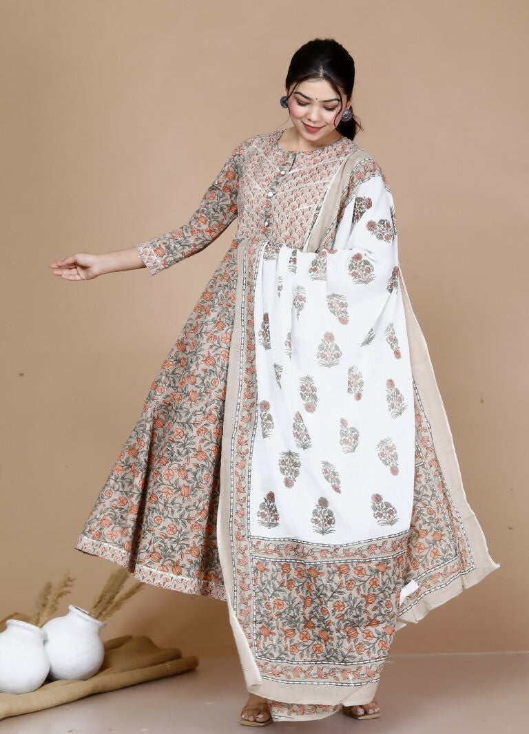 Miravan Women's Partywear Brown Floral Printed Gota Work Long Anarkali With Dupatta Set | Grocsy