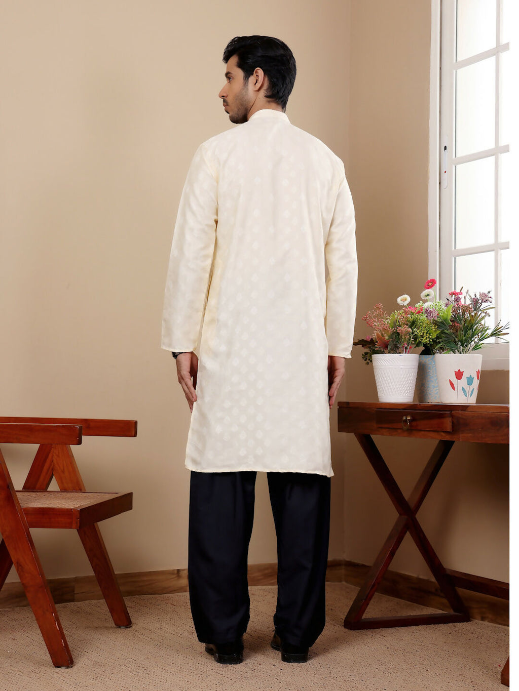 Off White Viscose Woven Jacquard Work Men's Kurta - Mahotsav | Grocsy