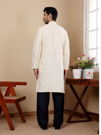 Off White Viscose Woven Jacquard Work Men's Kurta - Mahotsav | Grocsy