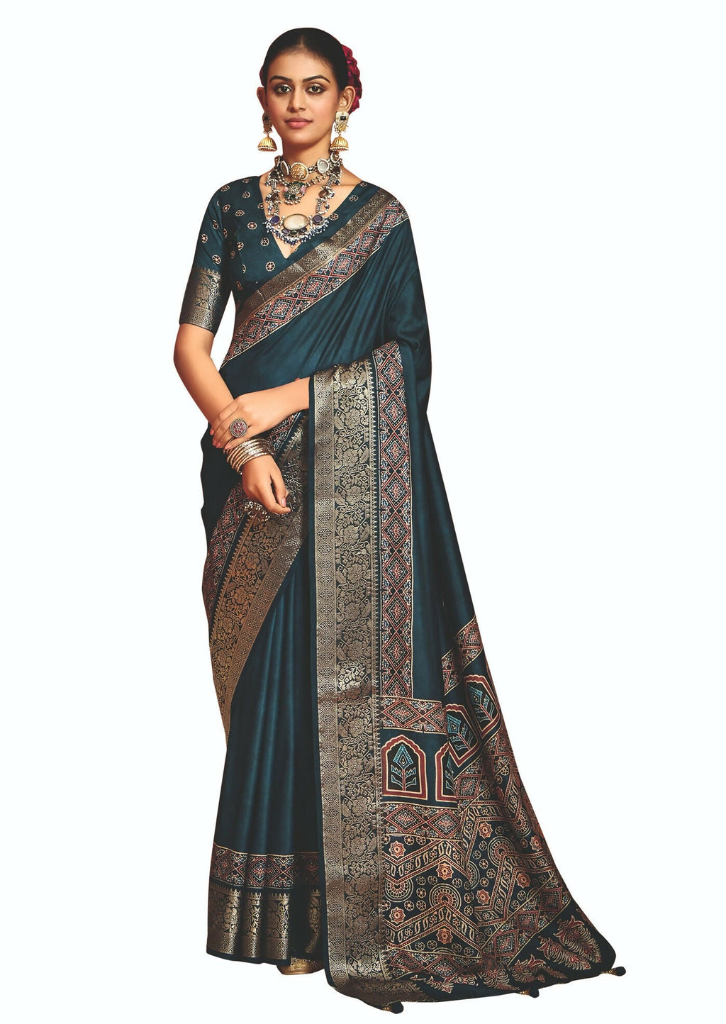Joban Fashion Teal Blue Art Silk With Fine Viscose Border Ajrak Full Body Print With Soft Finish Saree | Grocsy