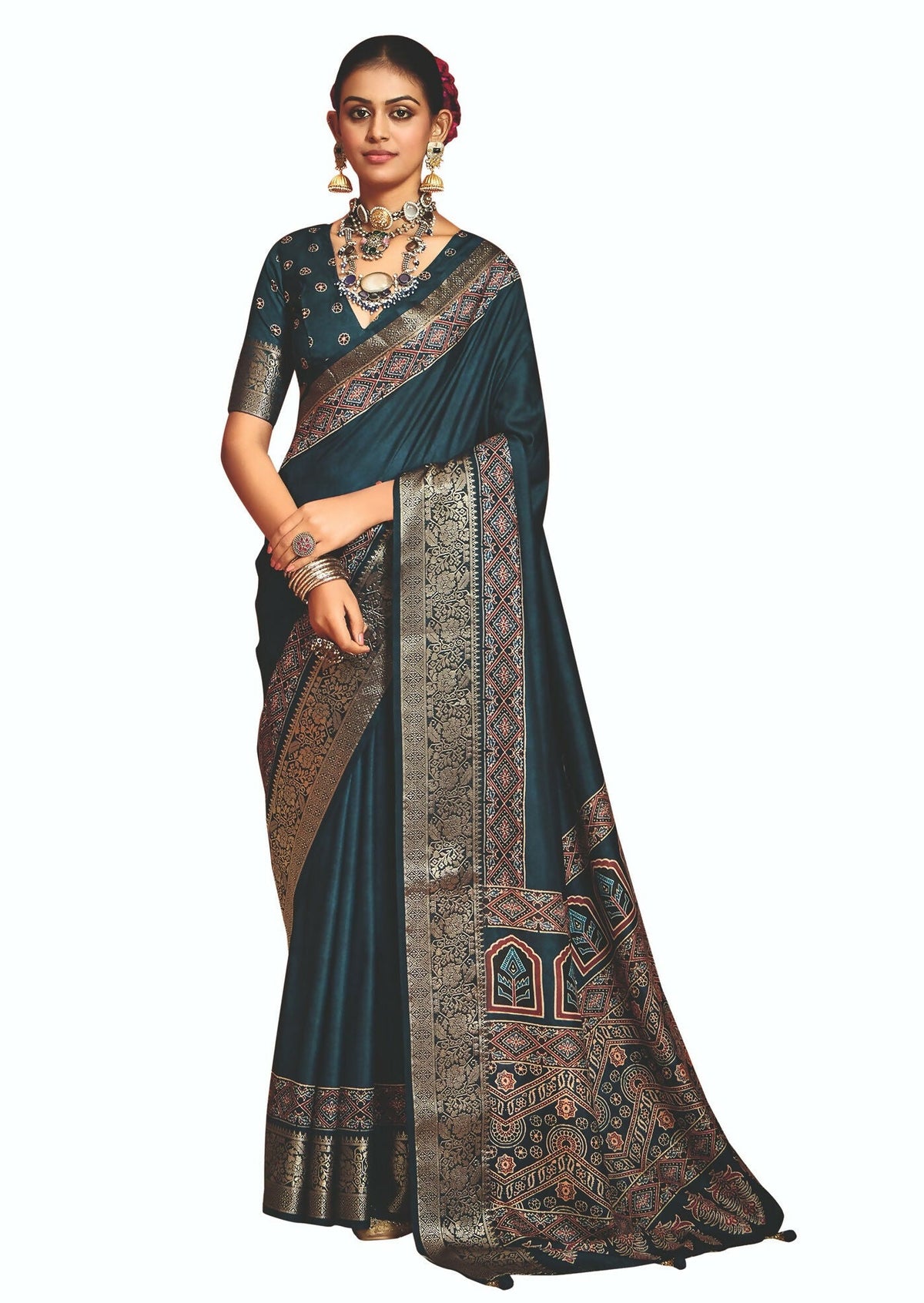 Joban Fashion Teal Blue Art Silk With Fine Viscose Border Ajrak Full Body Print With Soft Finish Saree | Grocsy