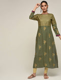 Cheera Hand Block Print Olive green Anarkali Kurta (MAAI-066K) | Grocsy