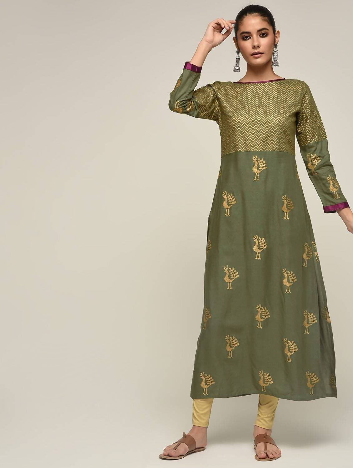 Cheera Hand Block Print Olive green Anarkali Kurta (MAAI-066K) | Grocsy