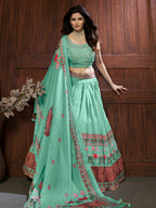 Myra Sea Green Chinon Embroidered Designer Lehenga | Grocsy