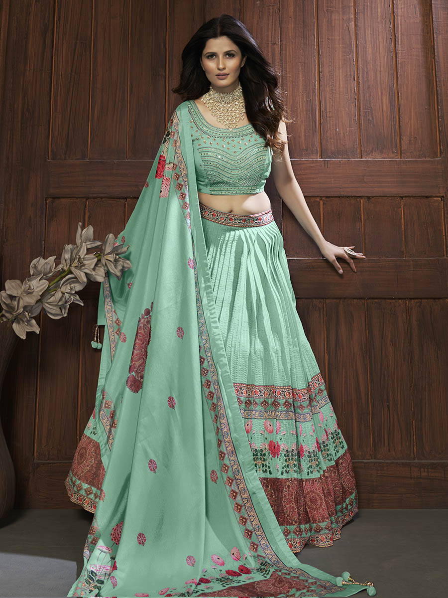 Myra Sea Green Chinon Embroidered Designer Lehenga | Grocsy