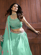 Myra Sea Green Chinon Embroidered Designer Lehenga | Grocsy