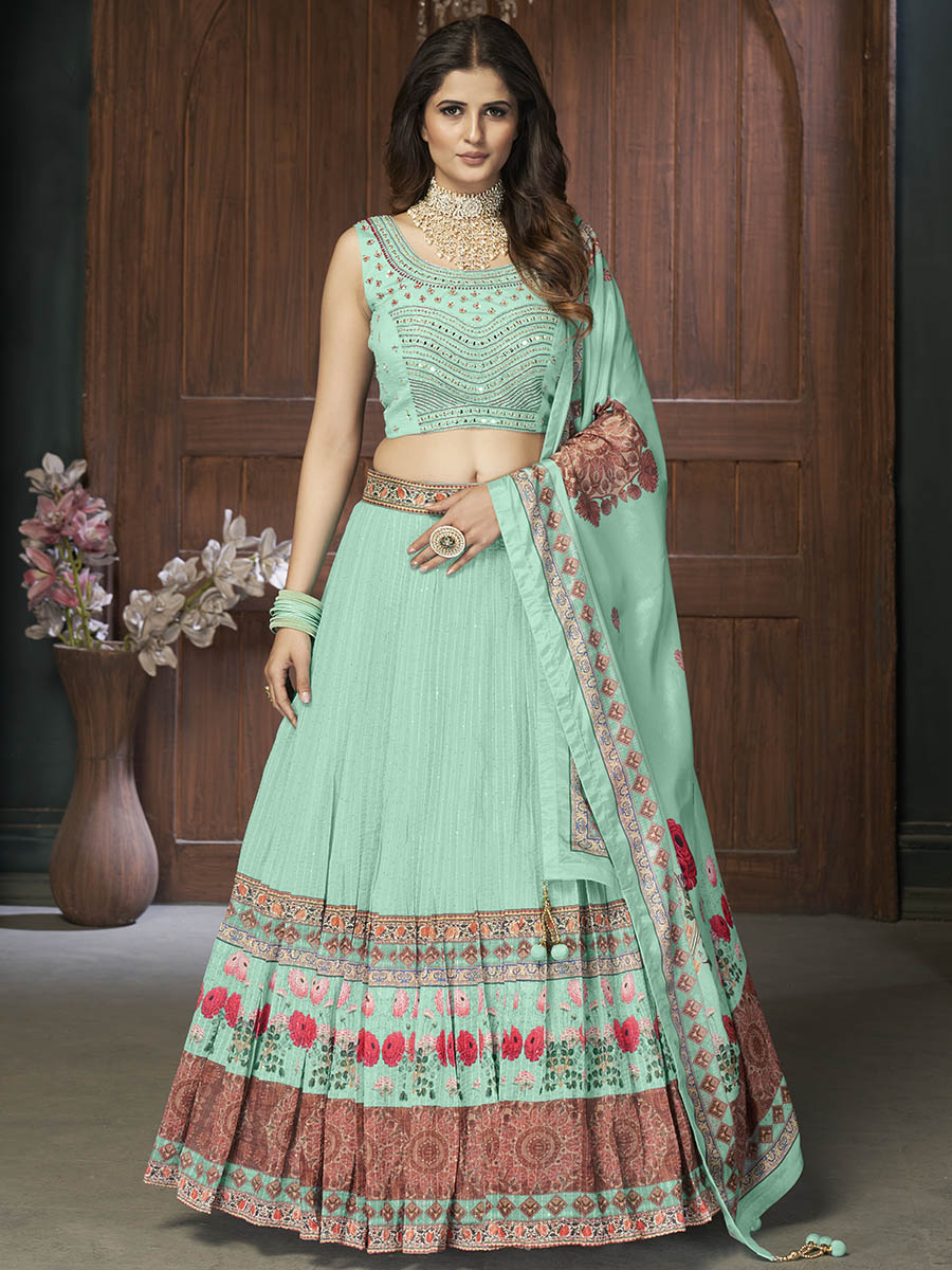 Myra Sea Green Chinon Embroidered Designer Lehenga | Grocsy