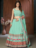 Myra Sea Green Chinon Embroidered Designer Lehenga | Grocsy