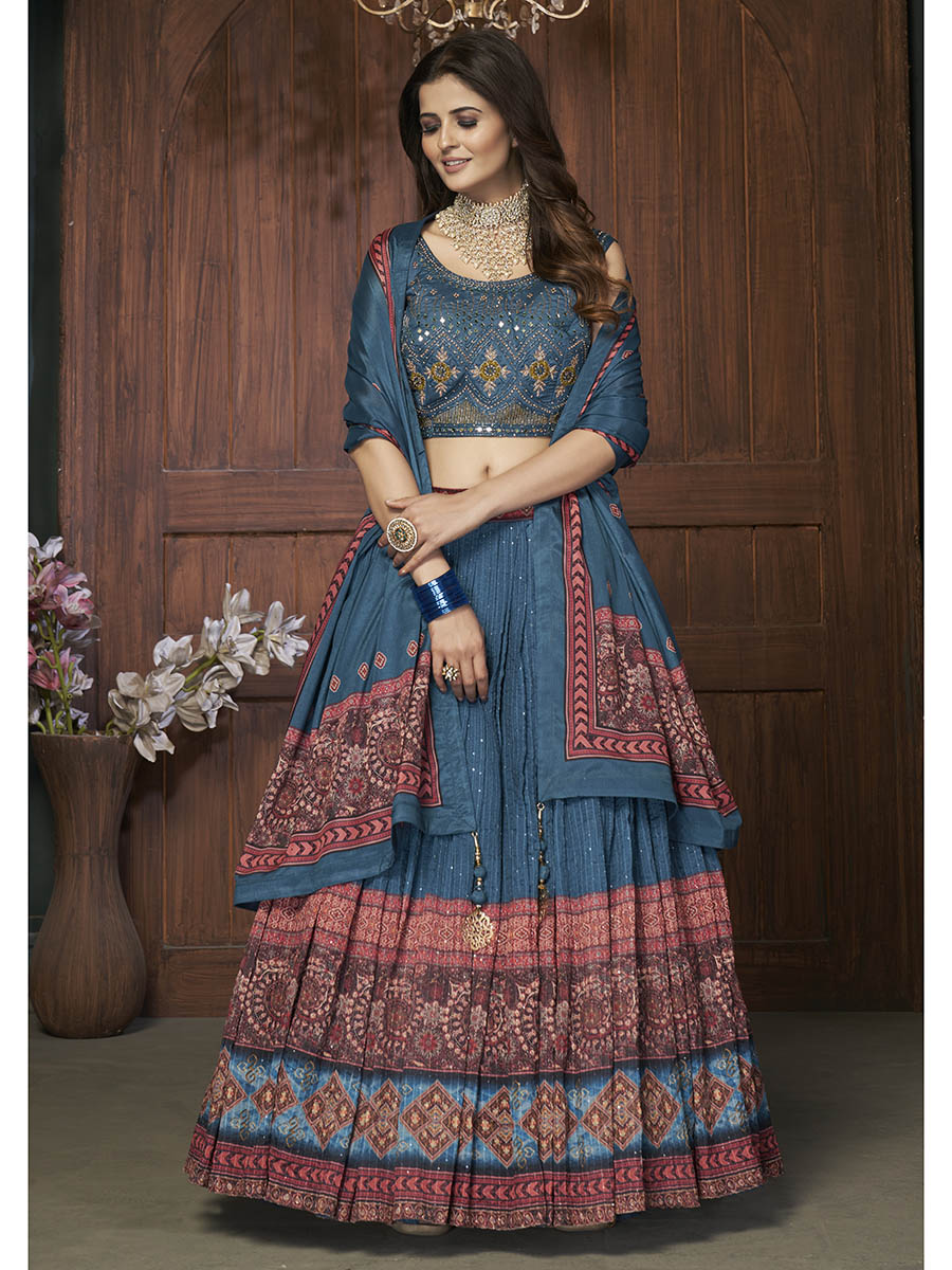 Myra Aequa blue Chinon Embroidered Designer Lehenga | Grocsy