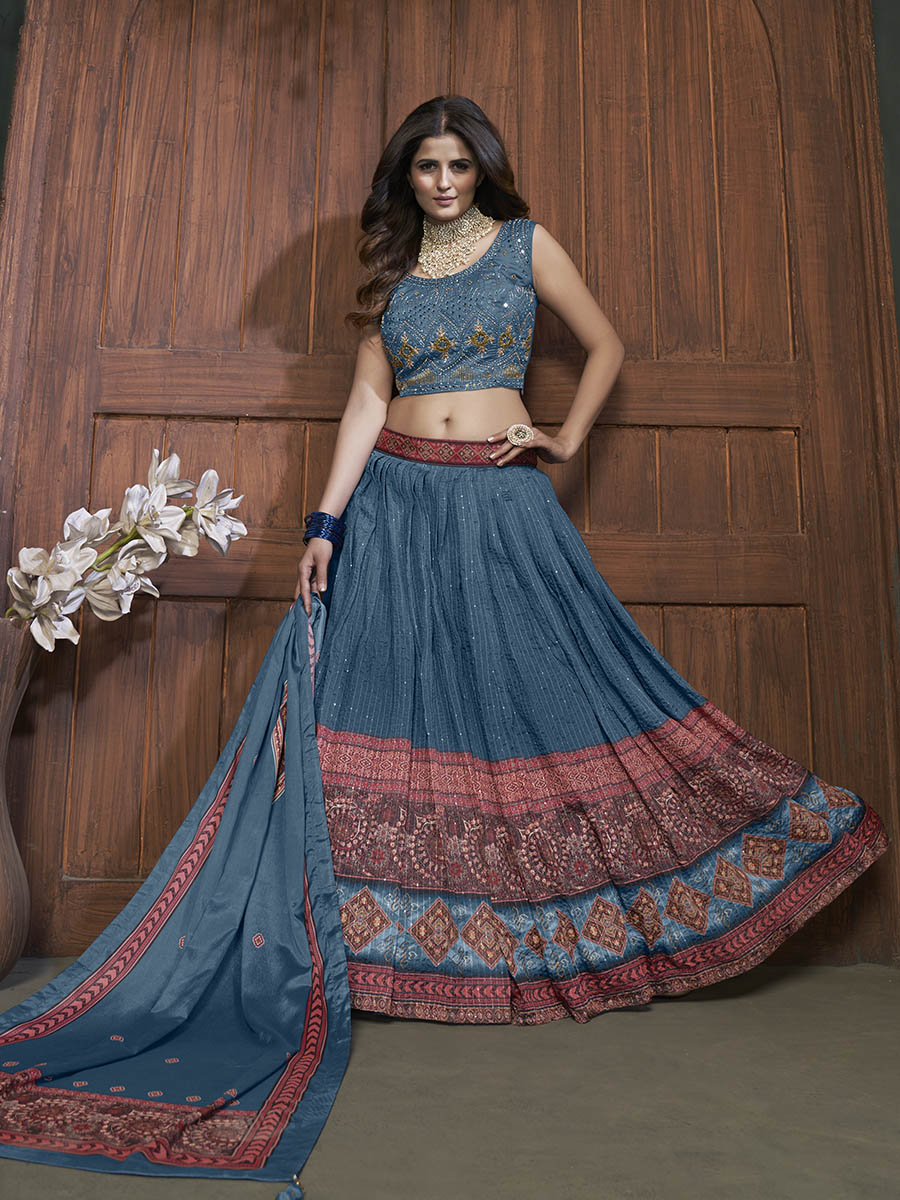 Myra Aequa blue Chinon Embroidered Designer Lehenga | Grocsy
