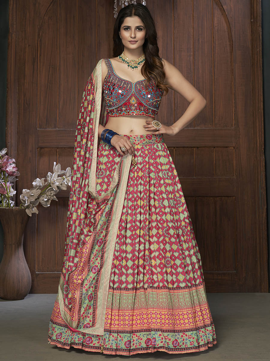 Myra Multicolor Silk and Chinon Embroidered Designer Lehenga | Grocsy