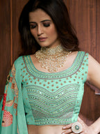 Myra Sea Green Chinon Embroidered Designer Lehenga | Grocsy