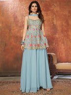 Myra Blue Georgette Embroidered Designer Suit | Grocsy