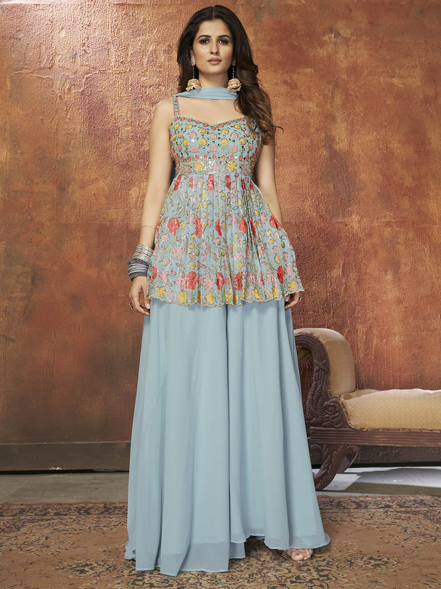 Myra Blue Georgette Embroidered Designer Suit | Grocsy