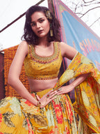 Myra Yellow Art Silk Embroidered Designer Lehenga | Grocsy