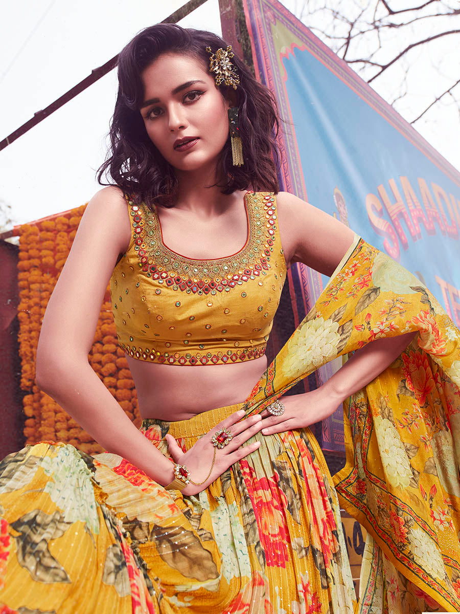 Myra Yellow Art Silk Embroidered Designer Lehenga | Grocsy