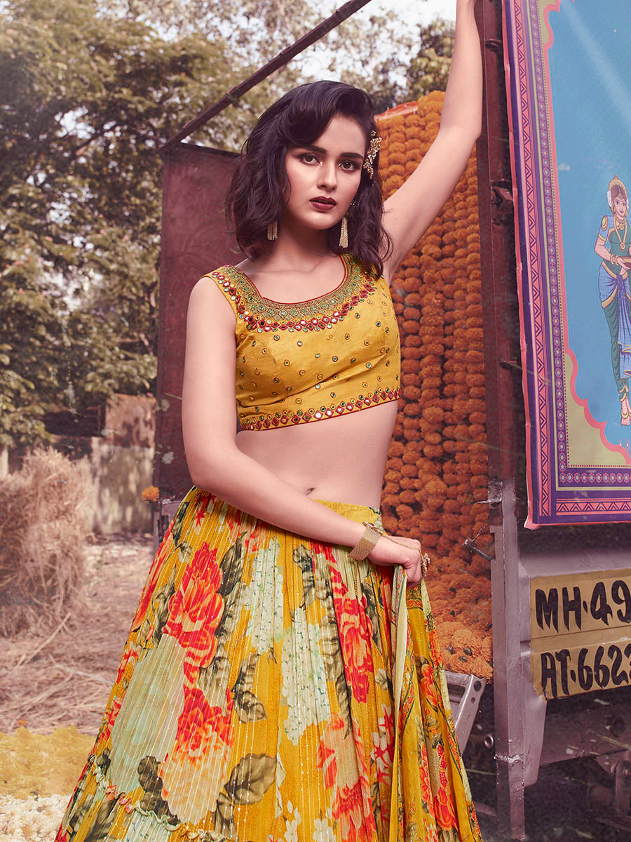 Myra Yellow Art Silk Embroidered Designer Lehenga | Grocsy