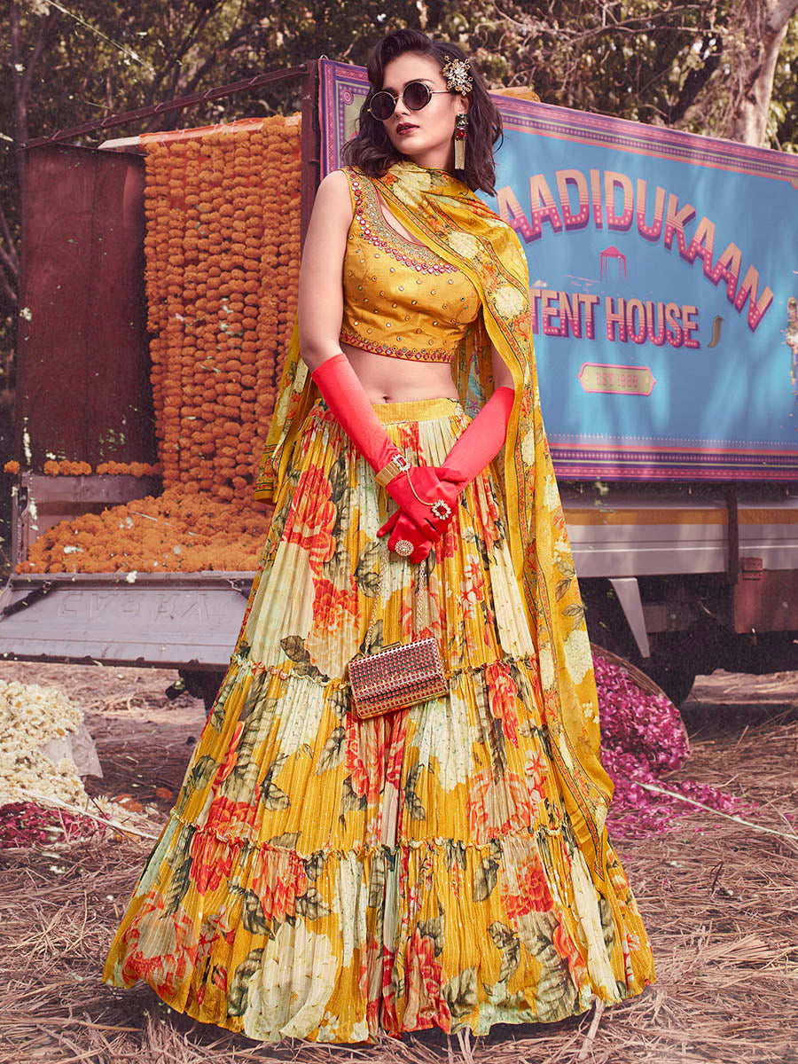 Myra Yellow Art Silk Embroidered Designer Lehenga | Grocsy