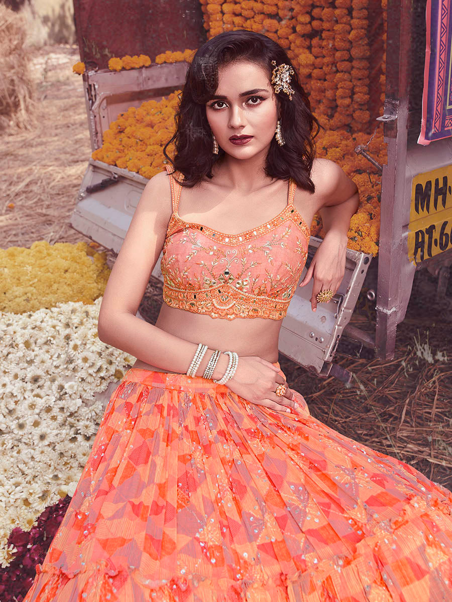 Myra Peach Chinon Embroidered Designer Lehenga | Grocsy