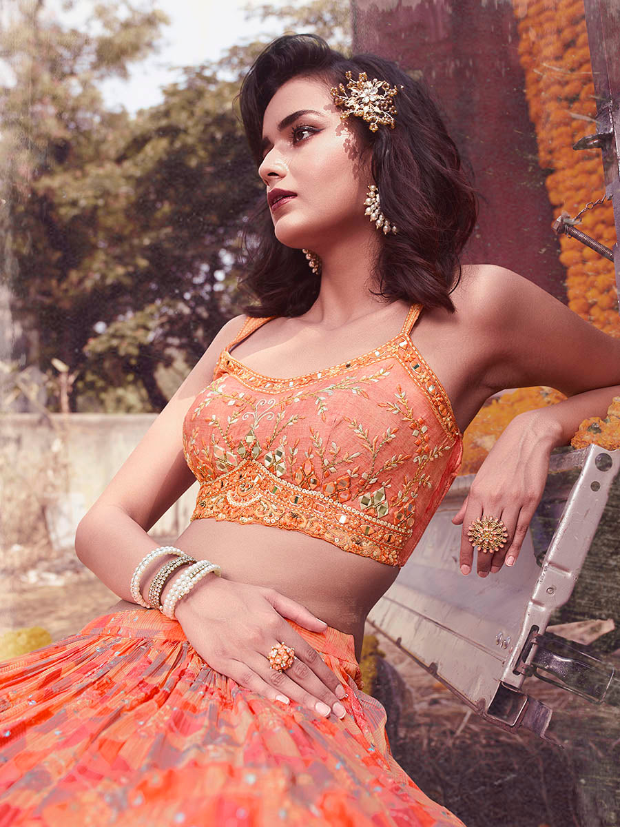 Myra Peach Chinon Embroidered Designer Lehenga | Grocsy