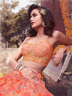 Myra Peach Chinon Embroidered Designer Lehenga | Grocsy