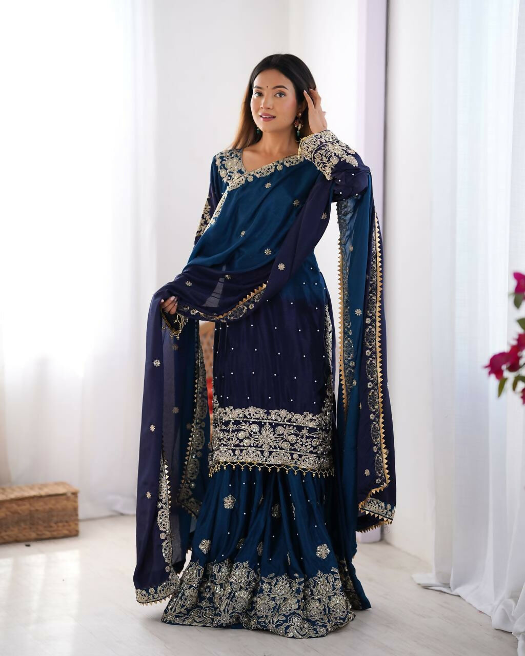 The52 Women's Beautiful Chinon silk Fabric Embroidery Work Straight Kurta Palazzo and Dupatta Set | Grocsy