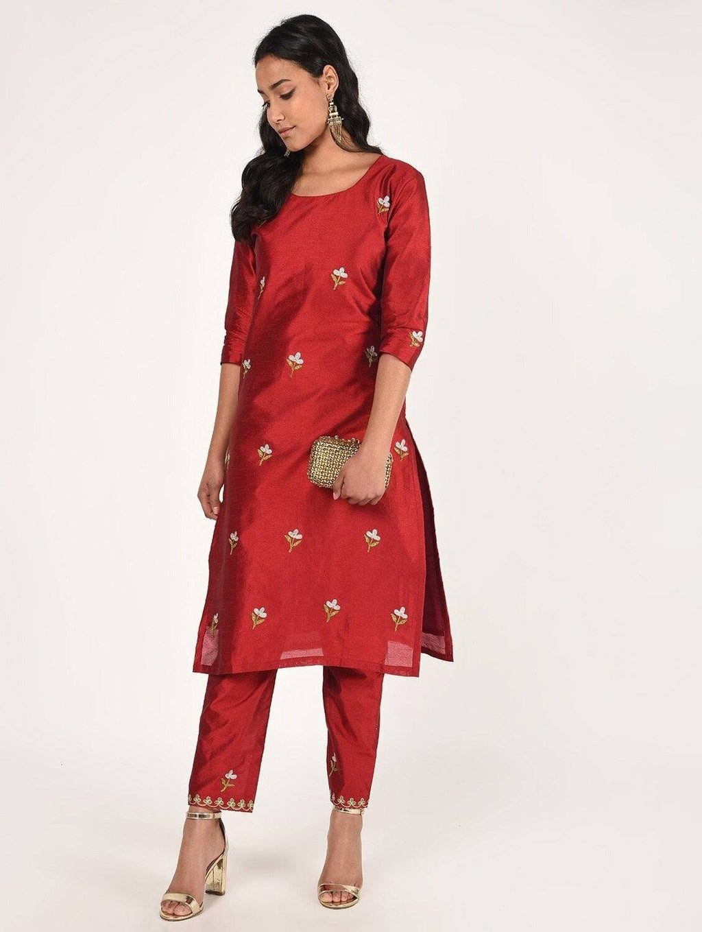 Cheera Women's Beautiful Hand Embroidered Motif All-Over Straight Silk Kurta Set (CH069K) | Grocsy