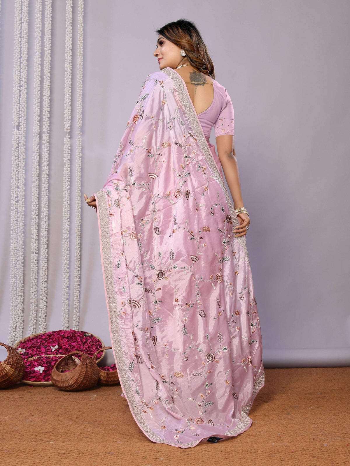 Pink Satin Silk Embroidered Saree With Stitched Blouse - Nimaya Kaksha | Grocsy