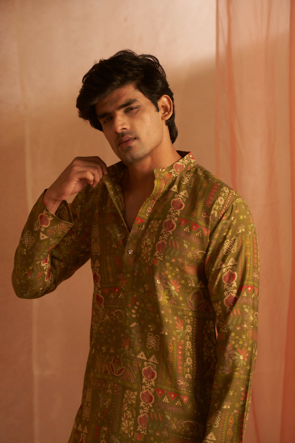 Green Modal Silk Designer Printed Men's Kurta Set - Mahotsav | Grocsy