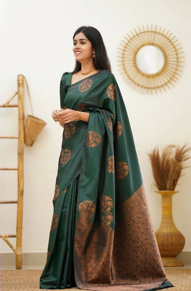 DEIANA'S Beautiful Designer Golden zari Soft Lichi Silk Saree - Green | Grocsy