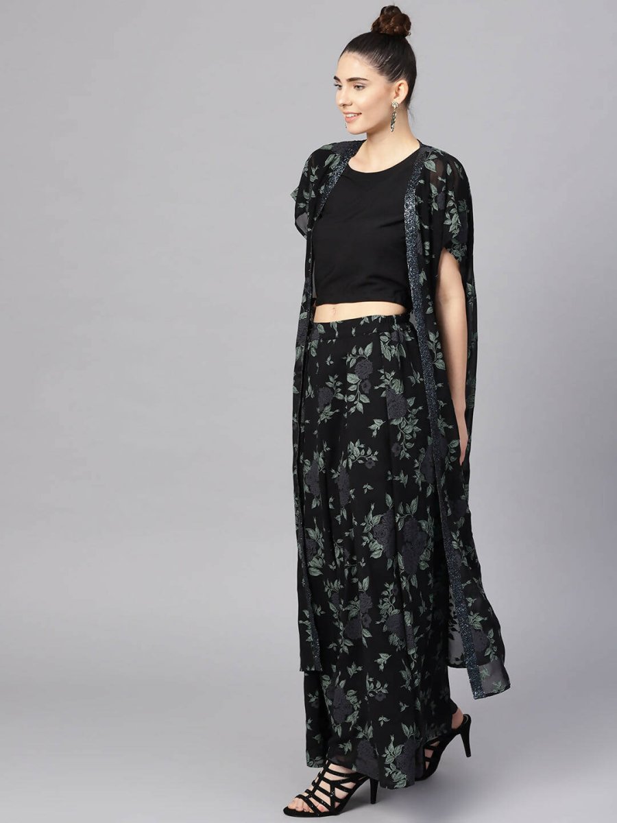 Ahalyaa Black Georgette Crepe Printed Top Palazzo Set With Jacket | Grocsy