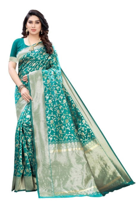 Vamika Banarasi Jacquard Weaving Rama Green Saree (PARINITI RAMA) | Grocsy