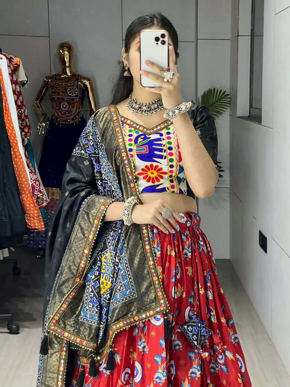 Yash Enterprise Red Silk Embroidery Semi Stitched Navratri Chaniya Choli | Grocsy