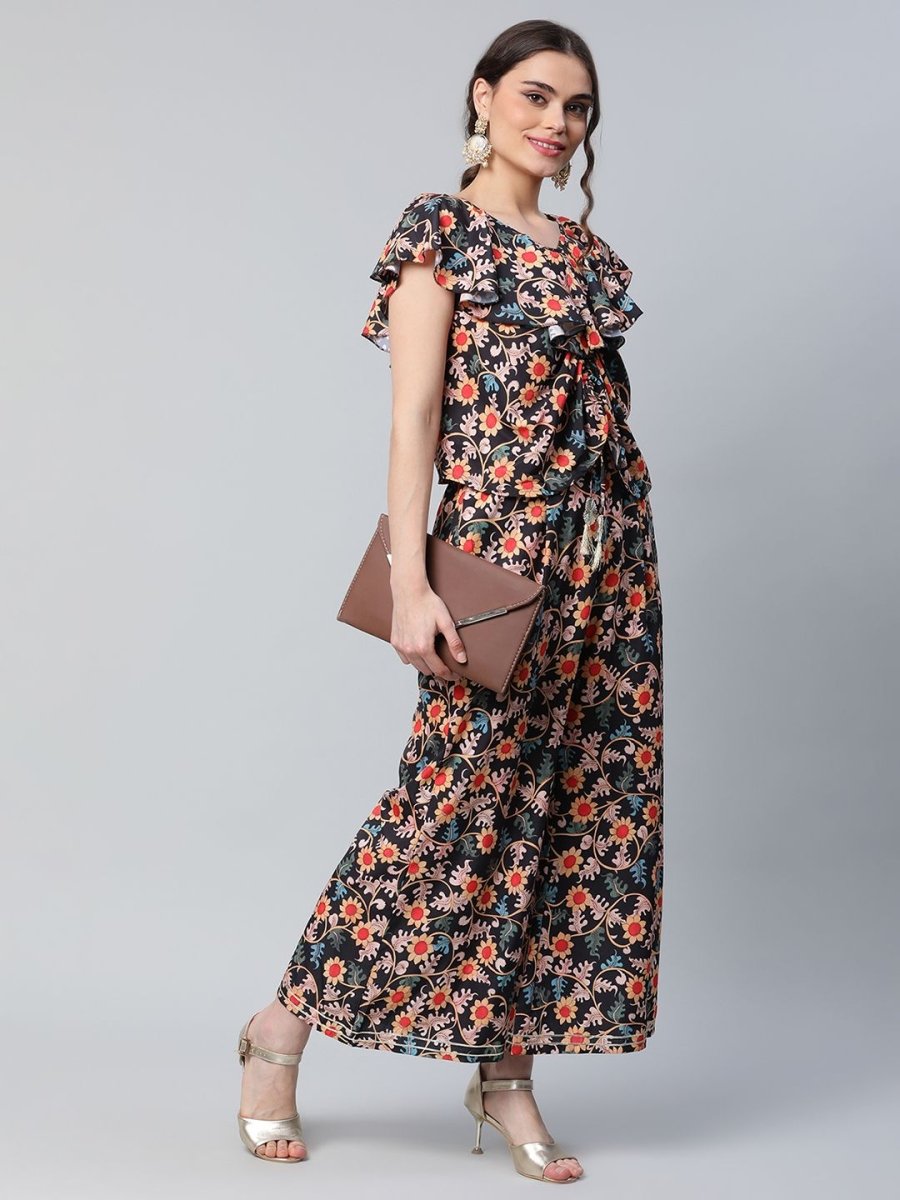 Ahalyaa Women Black Crepe Digital Print Top with Palazzo Set | Grocsy