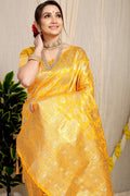 Anaita Yellow Woven Design Pure Silk Banarasi Saree With Blouse | Grocsy