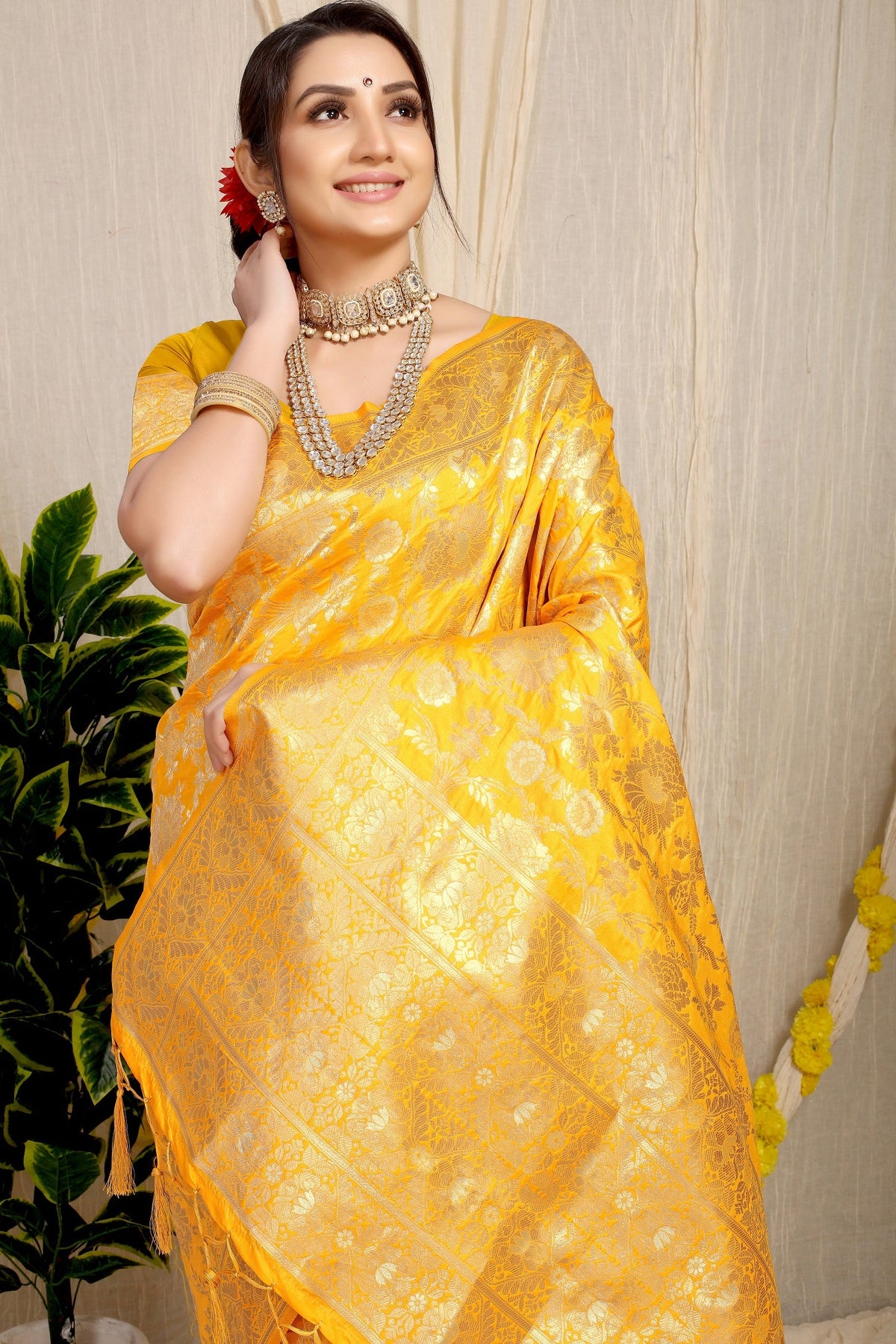 Anaita Yellow Woven Design Pure Silk Banarasi Saree With Blouse | Grocsy