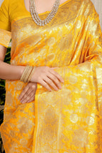 Anaita Yellow Woven Design Pure Silk Banarasi Saree With Blouse | Grocsy