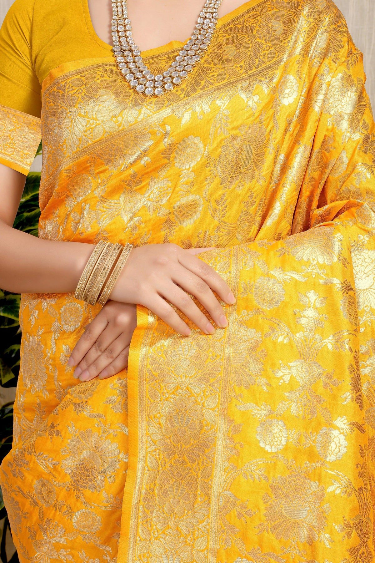 Anaita Yellow Woven Design Pure Silk Banarasi Saree With Blouse | Grocsy