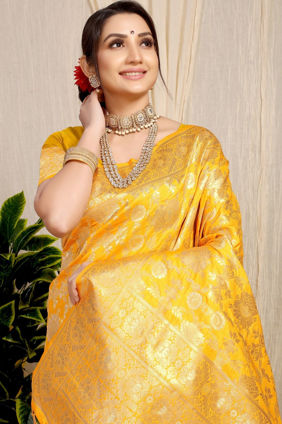 Anaita Yellow Woven Design Pure Silk Banarasi Saree With Blouse | Grocsy