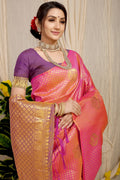 Anaita Peach Woven Design Pure Silk Banarasi Saree With Blouse | Grocsy