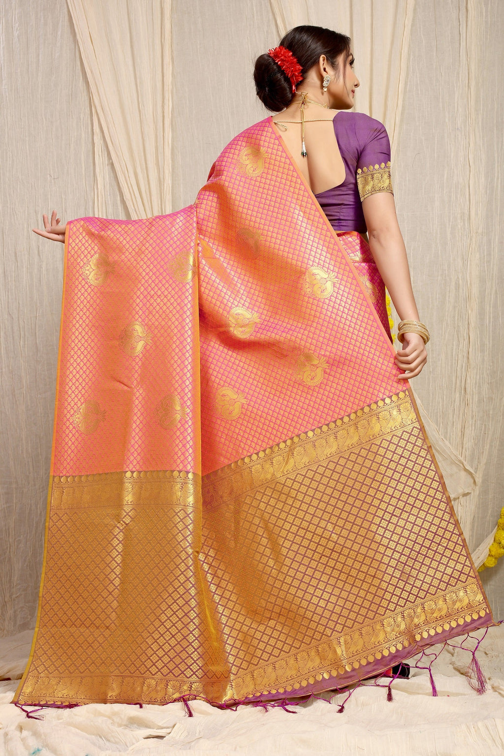 Anaita Peach Woven Design Pure Silk Banarasi Saree With Blouse | Grocsy