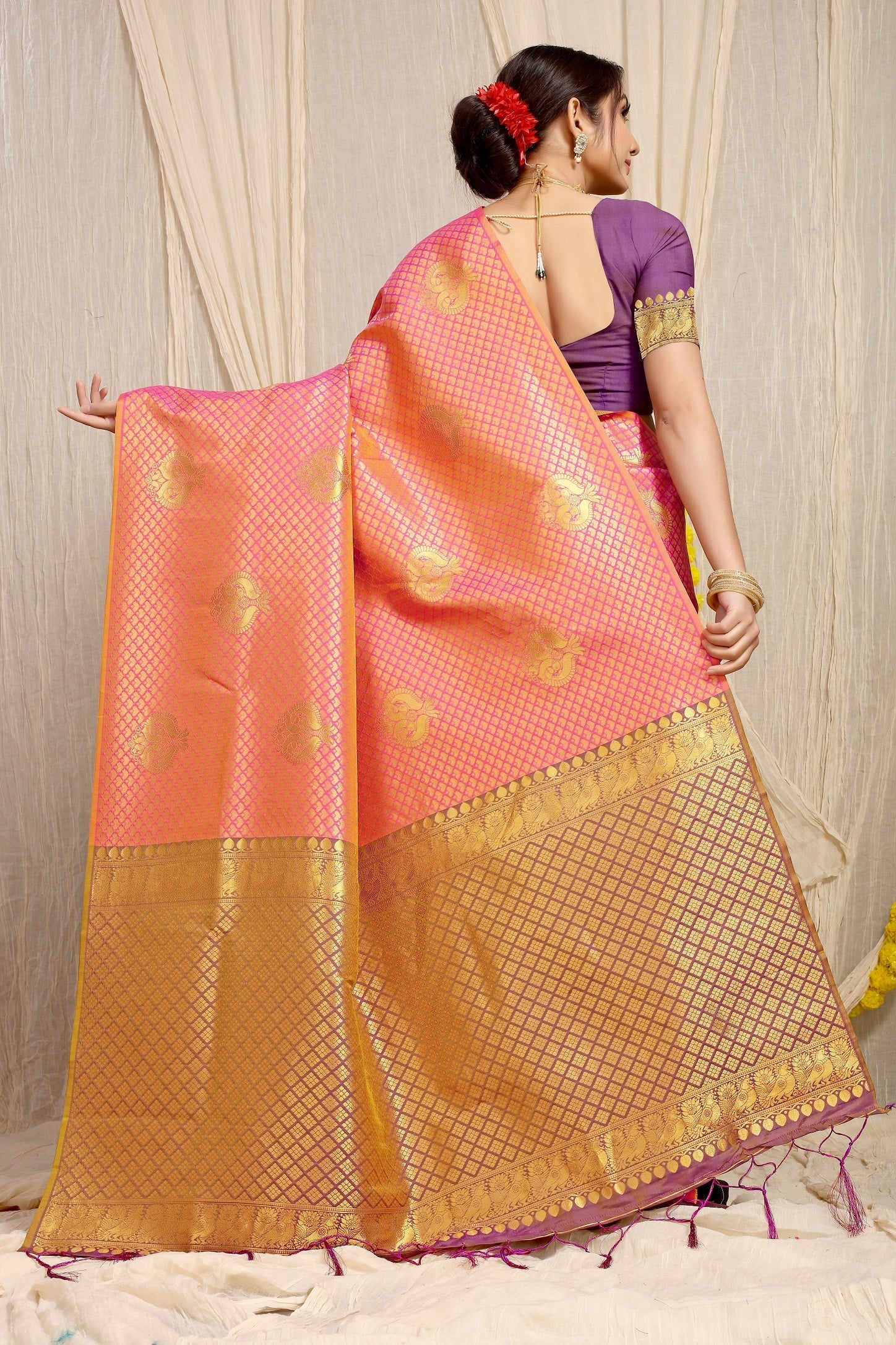 Anaita Peach Woven Design Pure Silk Banarasi Saree With Blouse | Grocsy