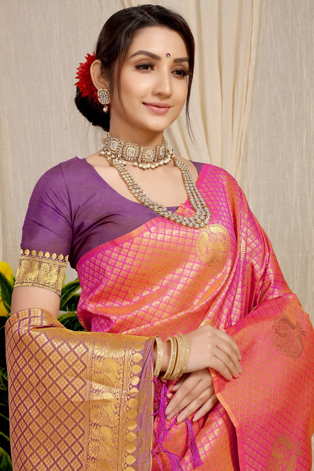 Anaita Peach Woven Design Pure Silk Banarasi Saree With Blouse | Grocsy