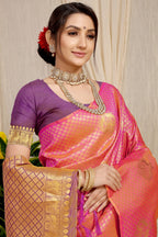 Anaita Peach Woven Design Pure Silk Banarasi Saree With Blouse | Grocsy