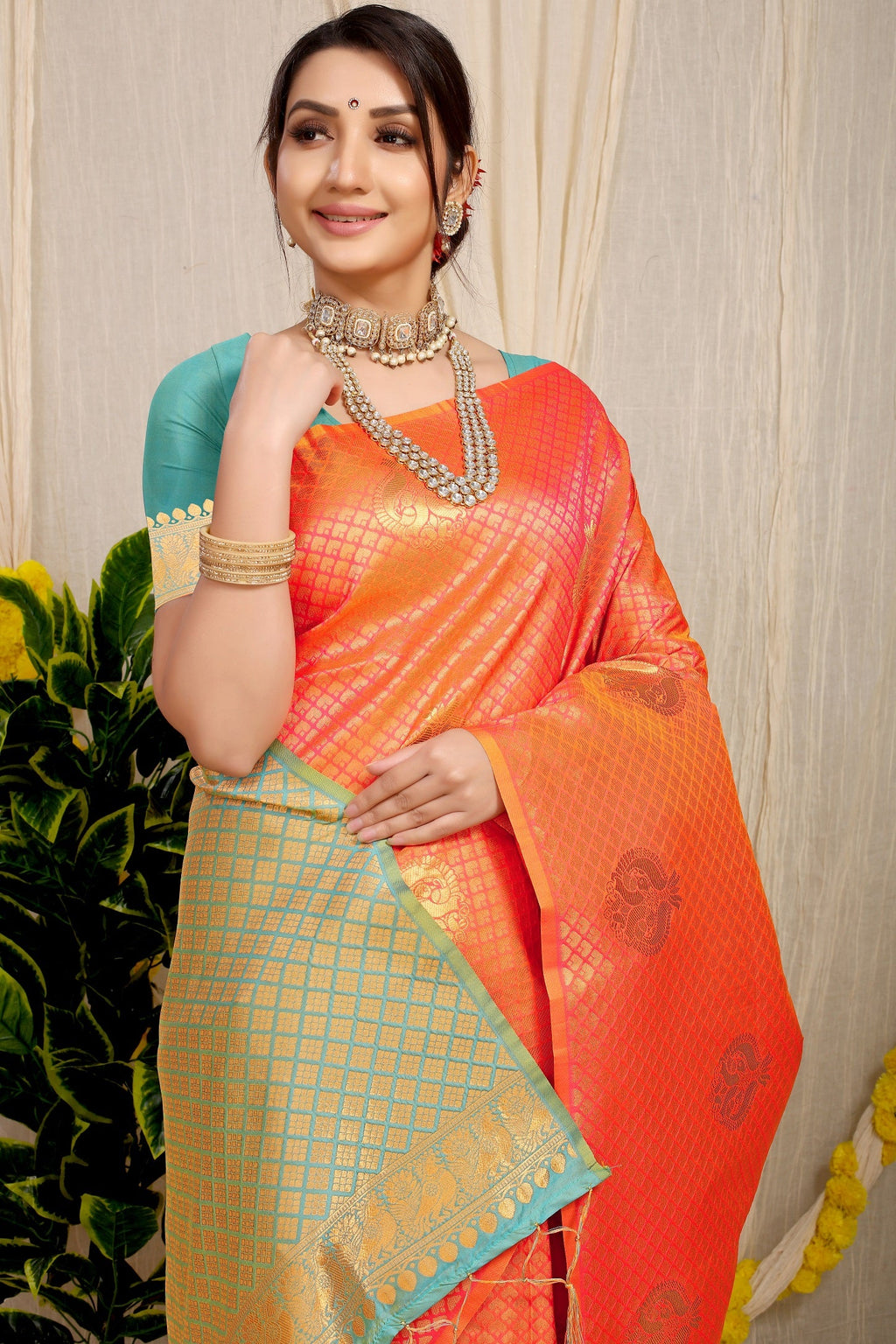 Anaita Orange Woven Design Pure Silk Banarasi Saree With Blouse | Grocsy