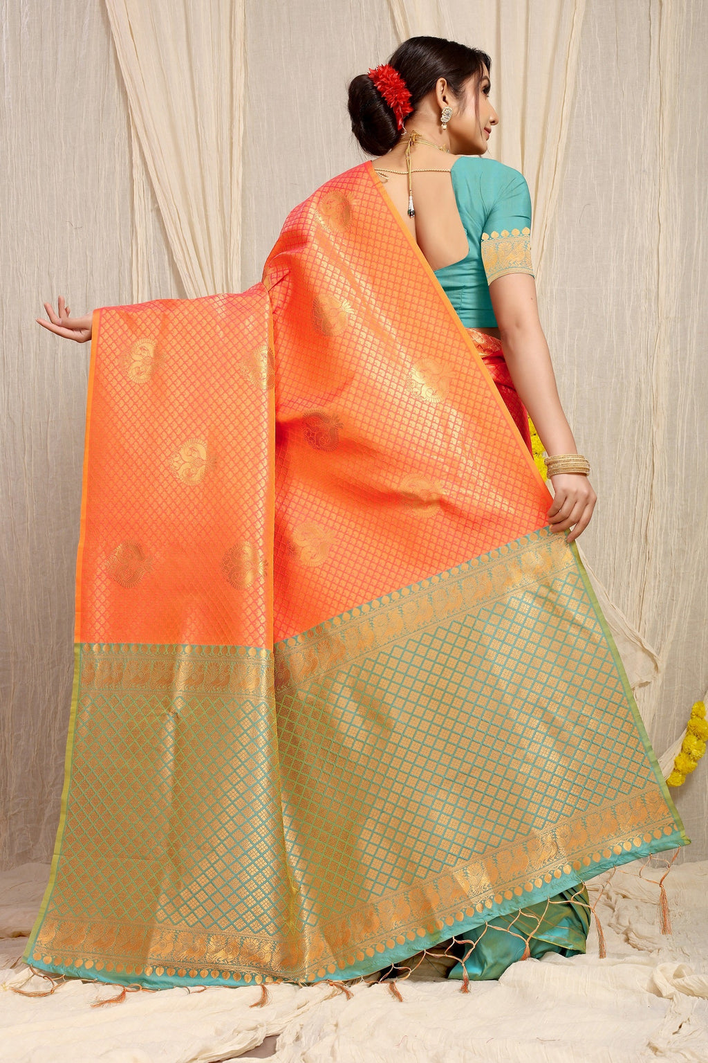 Anaita Orange Woven Design Pure Silk Banarasi Saree With Blouse | Grocsy