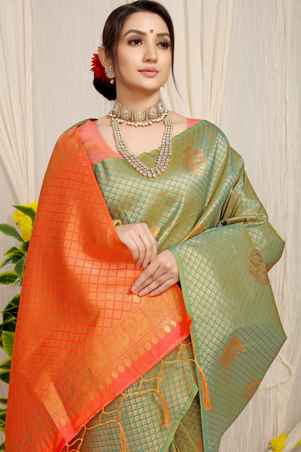Anaita Green Woven Design Pure Silk Banarasi Saree With Blouse | Grocsy