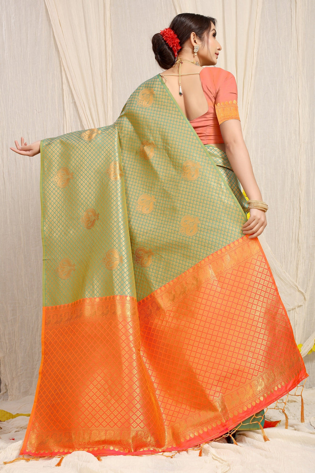 Anaita Green Woven Design Pure Silk Banarasi Saree With Blouse | Grocsy